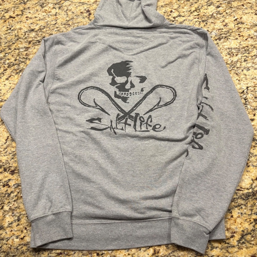 Salt Life Mens XL Grey Skull Fish Hooks Graphic Pullover Hoodie